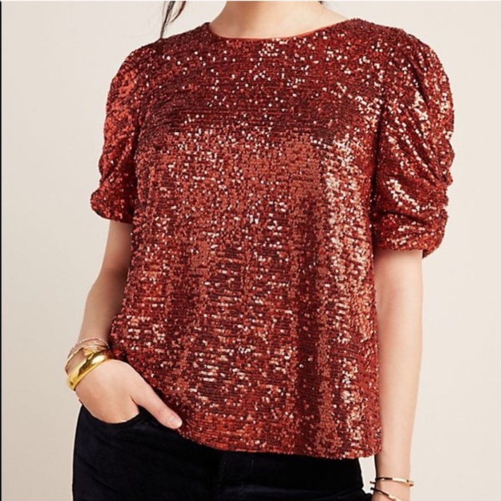 Anthropologie burnt orange sequin top